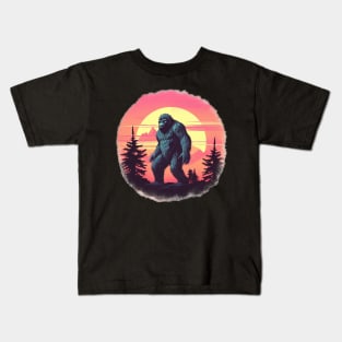 Bigfoot Retro Sunset Mountain Kids T-Shirt